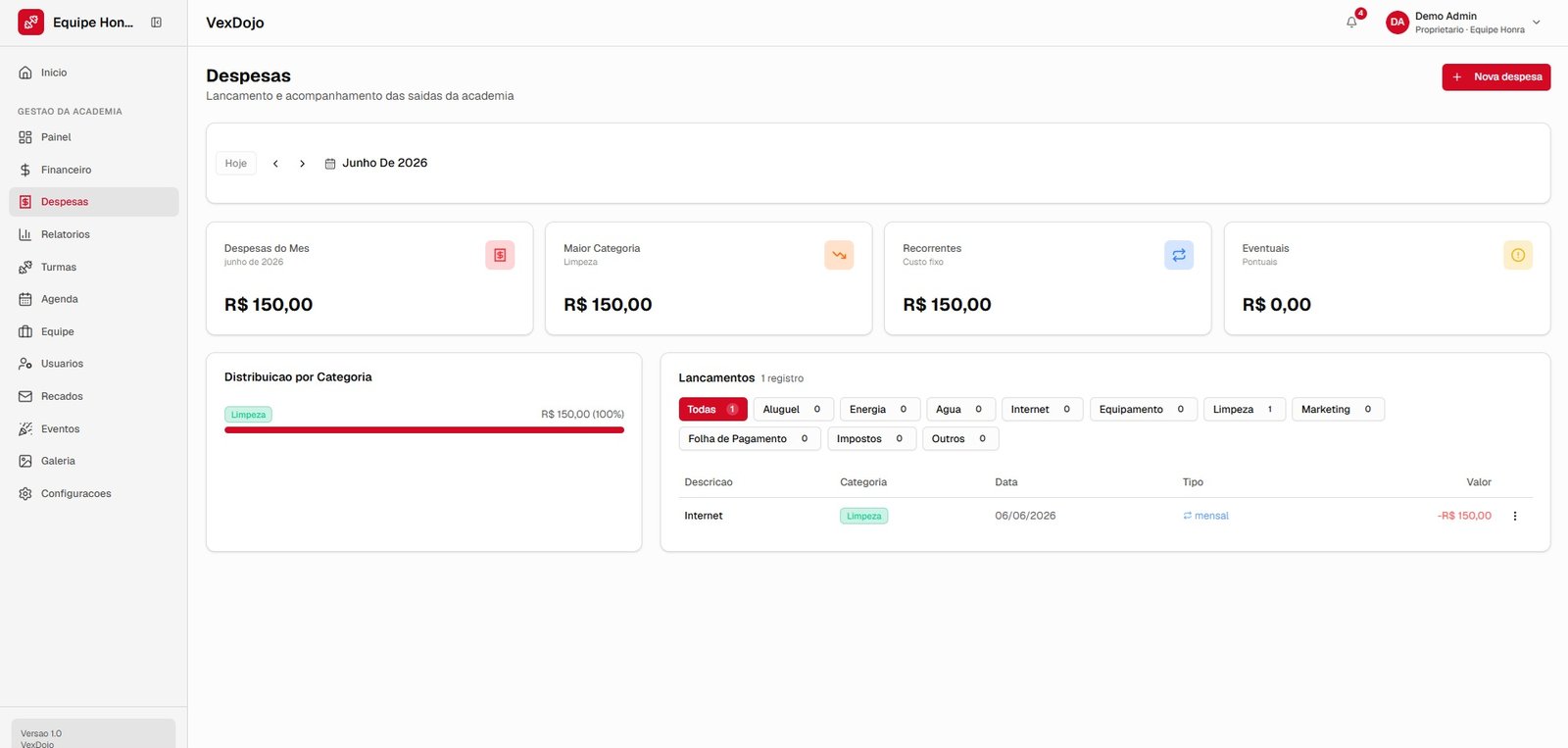 Tela de Despesas e caixa do VexDojo