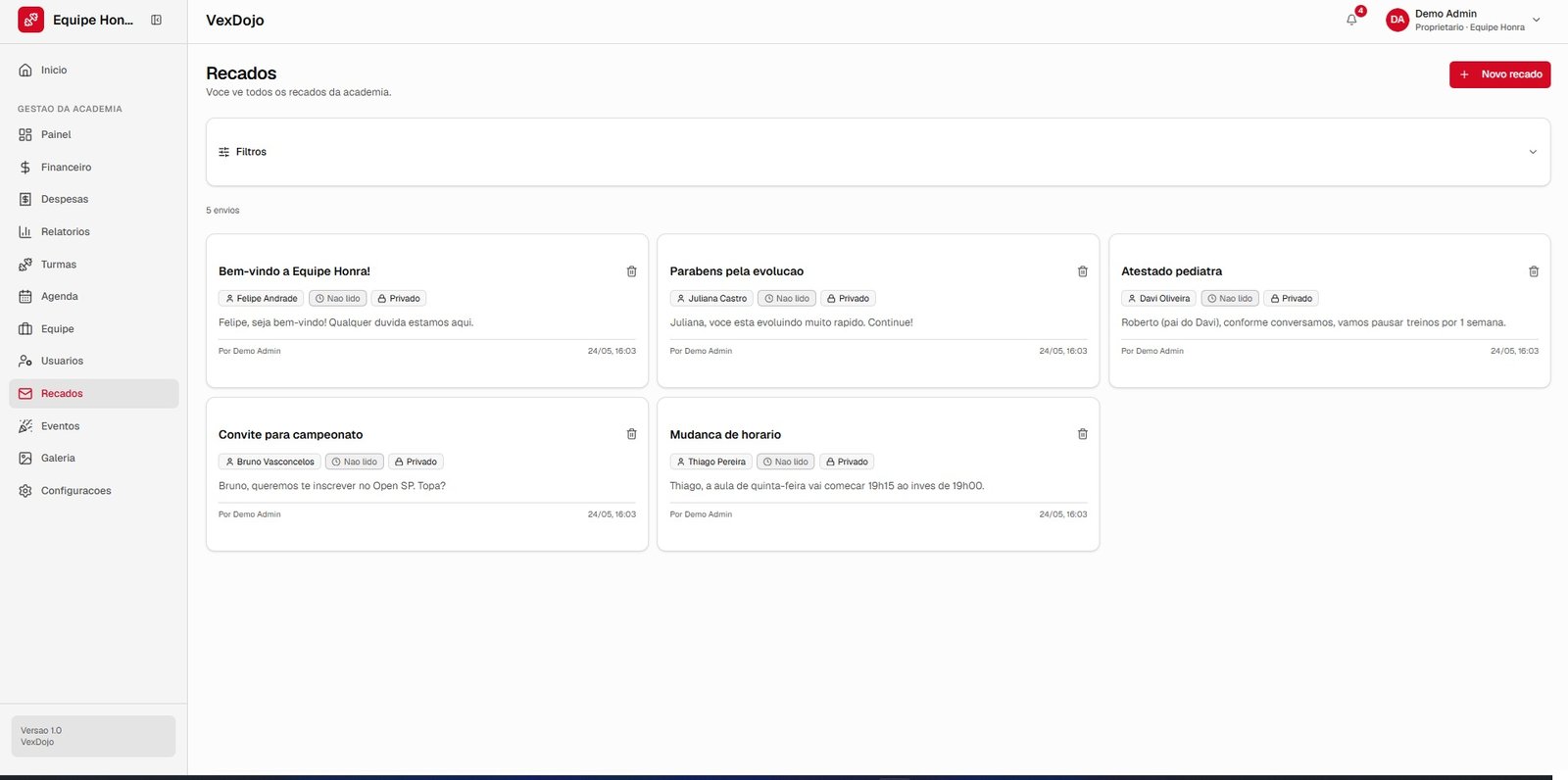 Tela de Recados e comunicação do VexDojo