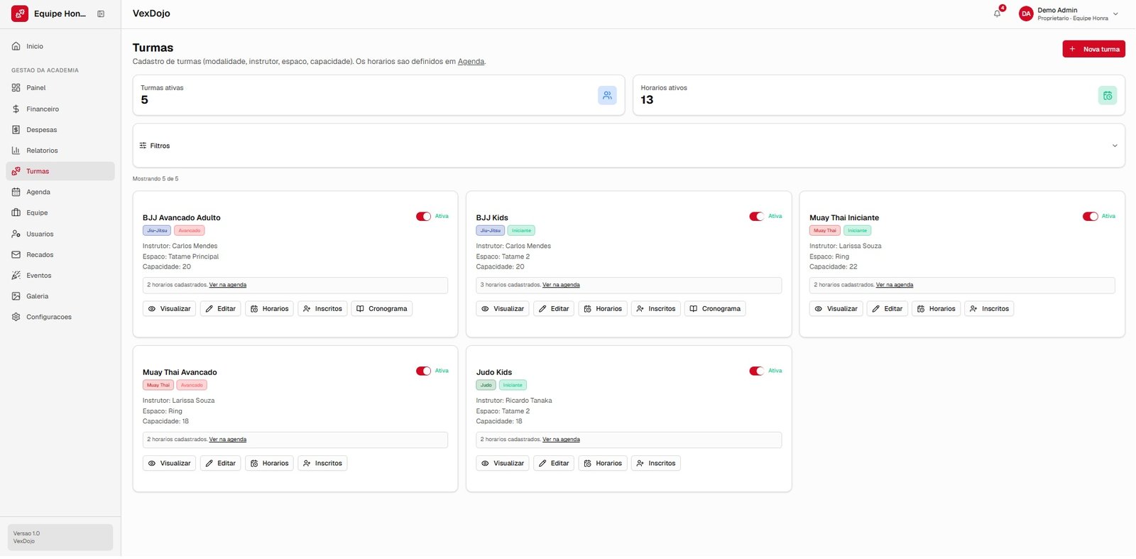 Tela de Turmas e modalidades do VexDojo